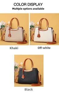 Detailed color display of crocodile embossed tote bags in khaki, cream white, and black