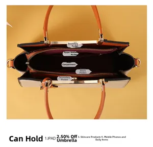 Interior view of women's tote bag with multiple compartments for iPad and accessories