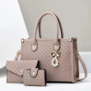 Women Fashion Bags PU Woven Tote Shoulder Bag Purse Wallet And Card Holder With Artificial Pearl Bow Charm Elegant Versatile