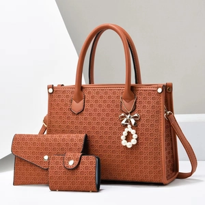 Three-piece set of caramel woven embossed tote bag, crossbody wallet and card holder for women