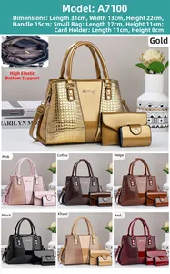 Three-piece handbag set with crocodile pattern texture and dimensions information