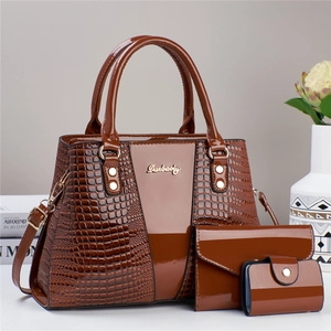 Women Fashion Handbag Purse And Card Holder Glossy PU Crocodile Pattern Tote Shoulder Bag Large Capacity Street Style
