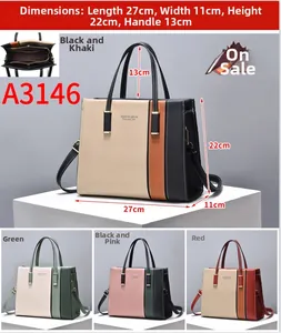 Detailed size chart of women's patchwork PU leather tote bag with three-tone color design