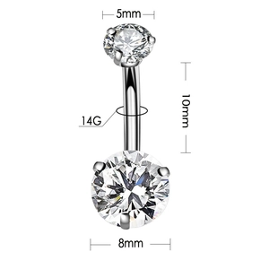 14G Stainless steel belly button ring with 5mm and 8mm cubic zirconia stones
