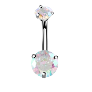 Detailed view of silver navel ring featuring iridescent stones in a prong setting