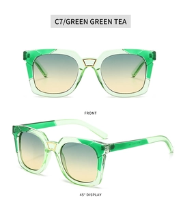 Front and 45 degree views of green square frame sunglasses with gradient tea lenses