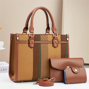 Set di 3 borse tote in tela a righe marroni con pochette e porta carte abbinato