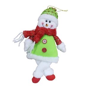 Plush Christmas snowman ornament with red knit scarf and green plaid hat for tree hanging