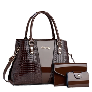 Deep brown faux crocodile leather 3-piece handbag set with gold logo and shoulder strap