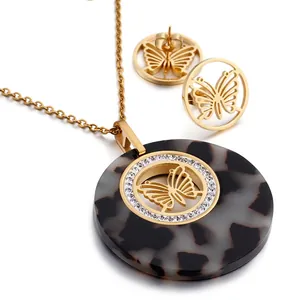 Butterfly Necklace And Earrings For Women Stainless Steel Round Resin Zircon Inlaid Hollow Butterfly Jewelry Accessories