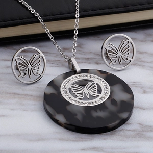 Silver titanium steel butterfly necklace and earrings set with marble inlay and crystals