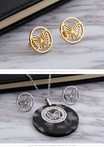 Detailed view of butterfly jewelry set with zircon inlay and gold-silver finish