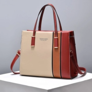 Fashionable women's shoulder bag with beige brown and red vertical leather stripes