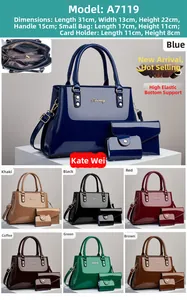 Close-up of patent leather handbag set featuring metal logo and rivet details