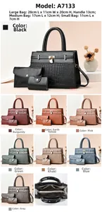 Three-piece women's handbag set featuring crocodile pattern faux leather and gold hardware