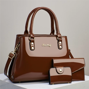 3-piece brown patent leather handbag set including large tote bag, wallet and card holder