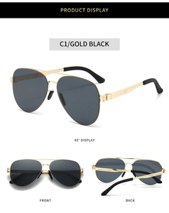 Detail view of gold black aviator sunglasses with stainless steel double bridge frame