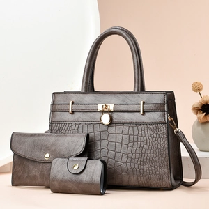 Three-piece dark taupe crocodile embossed tote bag set with golden hardware details