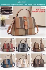 Detail view of woven striped crossbody bags showing seven colors and interior compartments