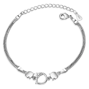 Silver S925 double layer chain bracelet with cat charms and letter D pendant on white backdrop