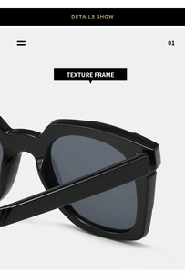 Macro view of thick square black sunglasses frame with premium texture and smoked lenses