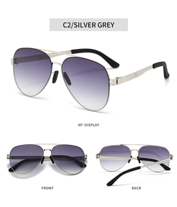 Three views of silver double-bridge aviator sunglasses with purple gradient lenses