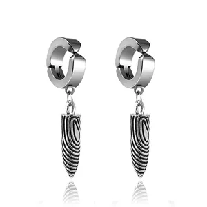 Silver titanium steel ear clips with conical drop pendant and textured spiral design