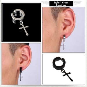 Macro detail of black and silver titanium steel cross pendant clip-on earrings for men