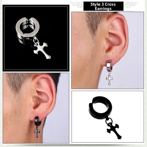 Close-up of stainless steel cross tassel clip-on earrings in black and silver finishes