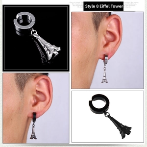 Detail view of Eiffel Tower pendant earrings in black and silver titanium steel
