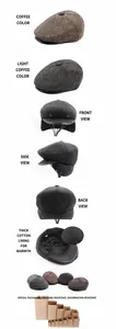Detail of winter men's wool newsboy cap with fold-down earflaps and thick cotton lining