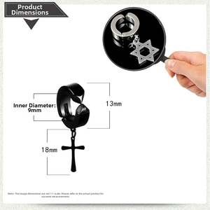 Detailed size chart of black stainless steel cross earring showing 13mm height and 9mm diameter