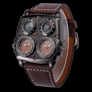 Oulm big dial men's watch with dual time zone, compass, thermometer and brown leather strap