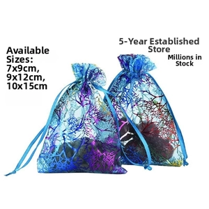 Blue organza drawstring bags with floral branch pattern shown in various stock sizes