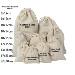 Detailed comparison of various sizes of white linen drawstring cotton pouches from 8x12cm to 20x30cm
