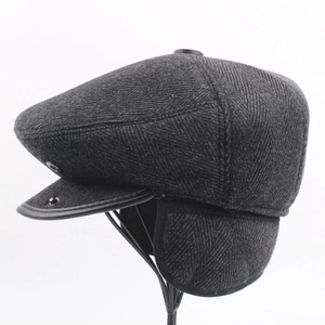 Classic grey herringbone wool blend newsboy cap for men with fold-down warm ear flaps