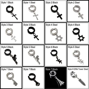 Non Pierced Ear Clips Stainless Steel Dangle Cross Star Gun Skull Hand Gecko Fishbone Punk Gothic Streetwear Jewelry