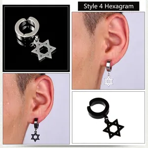 Titanium steel non-piercing hexagram clip earrings in silver and black colors