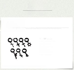 Set of 7 titanium steel non-pierced ear clips with cross and gothic pendants in black finish