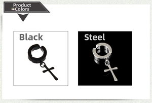 Detail showing black and steel cross pendant clip-on earrings for non-pierced ears