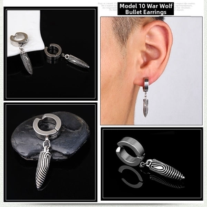 Detailed view of titanium steel bullet drop earring for men with a vintage finish