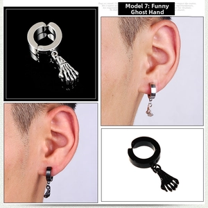 Close-up of skeleton hand clip-on earrings in silver and black stainless steel