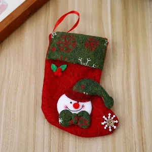 Thick felt Christmas stocking detail, cute snowman ornament, festive holiday tree hanging gift bag.