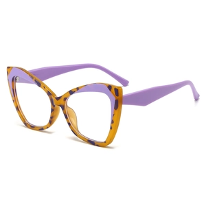 Schicke Katzenaugen-Brille aus TR90 mit gelbem und lila Leopardenmuster