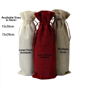 Linen drawstring wine bags in three colors with woven texture details, 15x36cm and 15x39cm