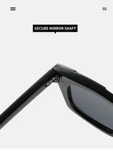 Macro detail of the secure metal hinge and reinforced shaft on black square sunglasses