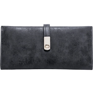 Minimalist long frosted leather wallet for women with elegant metal buckle closure in dark grey