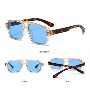 Three perspectives showing front, 45-degree angle, and back of retro double-bridge sunglasses
