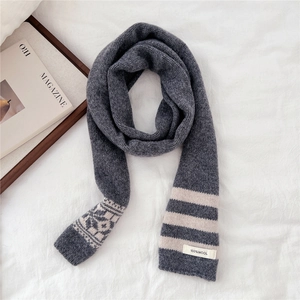 Detail of dark grey striped wool scarf showing 100% wool label and knit texture