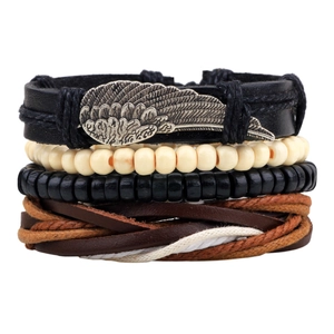 Ensemble de Bracelets Rétro Aile d'Ange en Alliage Tressé Multicouche en Cuir Véritable pour Hommes Femmes Perles en Bois Bijoux Punk